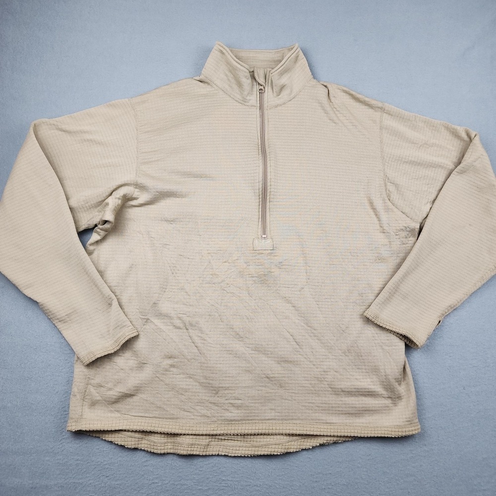 Polartec Pullover Mens XL Beige Grid Fleece 1/4 Zip Thermal Hiking Military